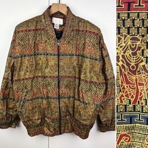 Cache Vintage Egyptian Cleopatra Beaded Gold Zip Up Bomber Jacket Medium Cotton